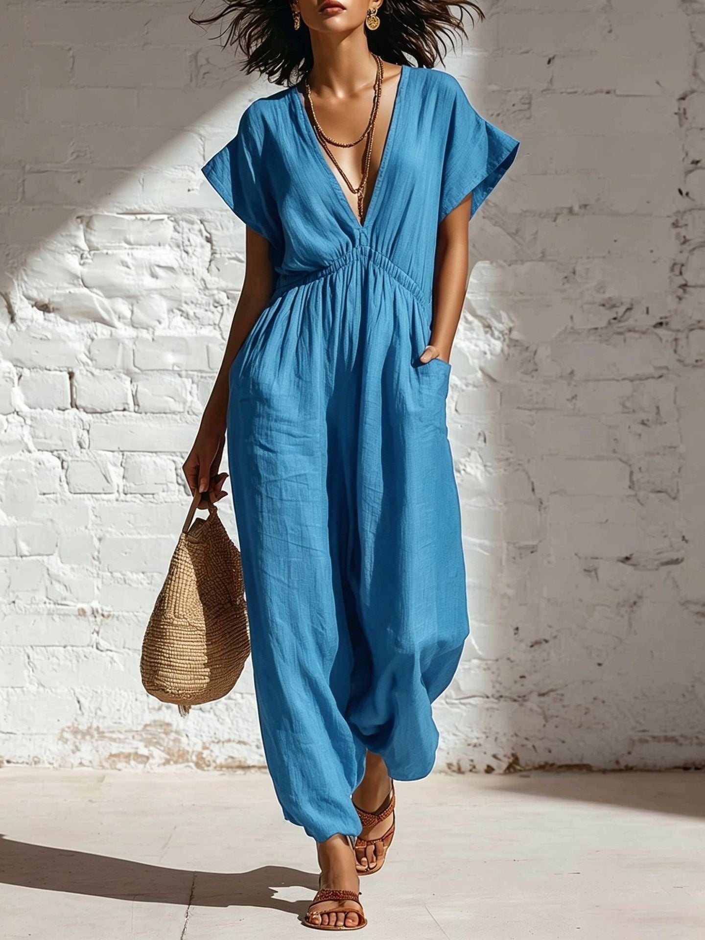 Deep V-neck loose fit pants for women