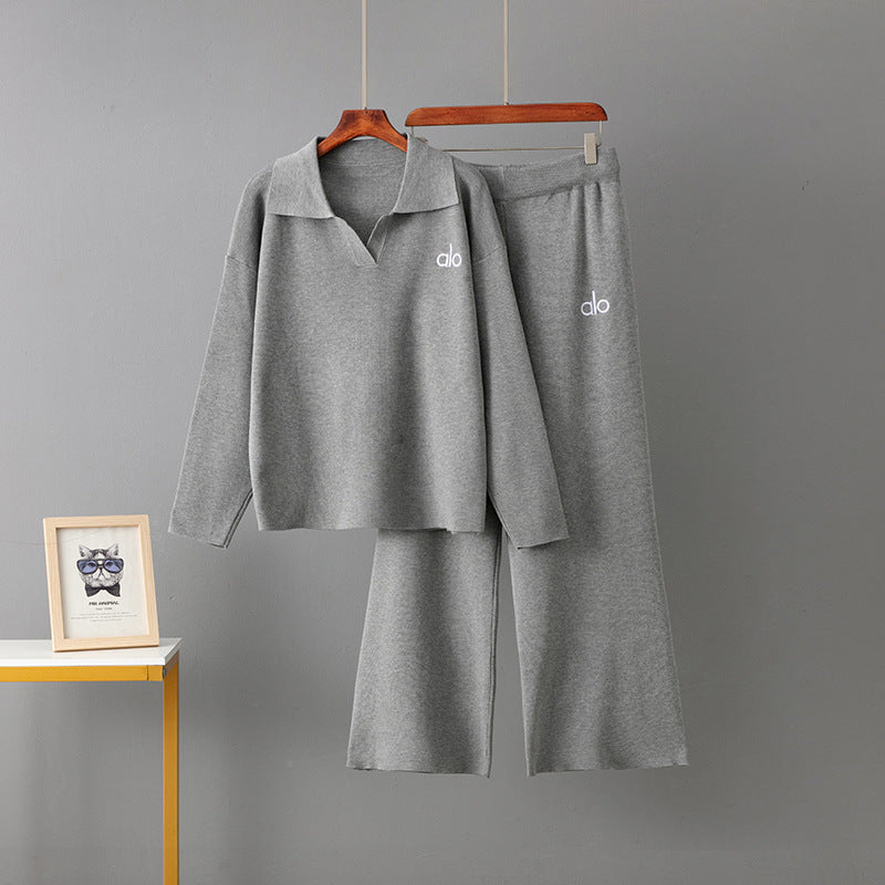 Set Polo Collar Casual Sweater + Loose Wide-Leg Pants Two-Piece Set