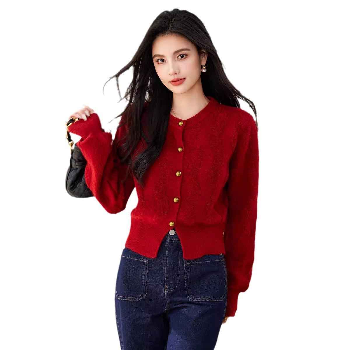 Advanced temperament red sweater female design retro loose long sleeved knitted sweater jacket