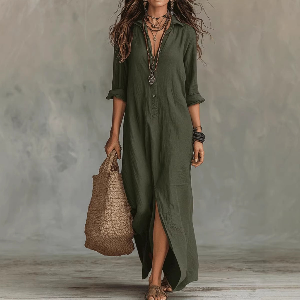 Summer Casual Solid Color Turn-Down Collar Front Slit Long Dress