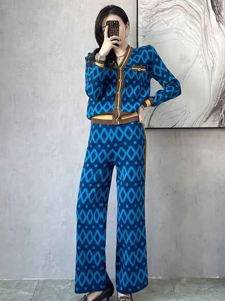 Autumn Winter Knit Two Piece Set Women Crop Top Sweater Cardigan Coat + Wide Leg Pant Suits Casual Tracksuit Women 2 Piece Sets