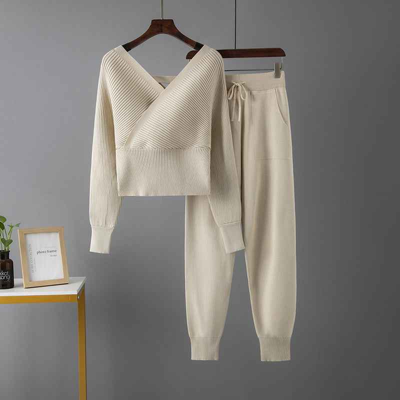 Sexy V-Neck Sweater + Casual Sport Pants Two-Piece Set for Women