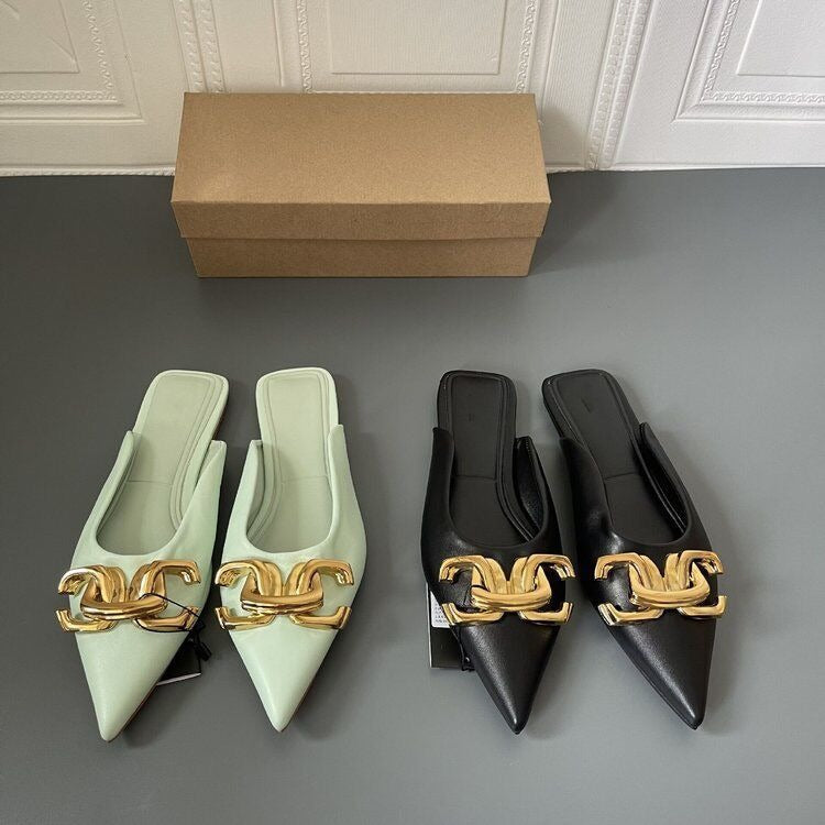 Button pointed flat bottomed wrapped half slippers and sandals for women