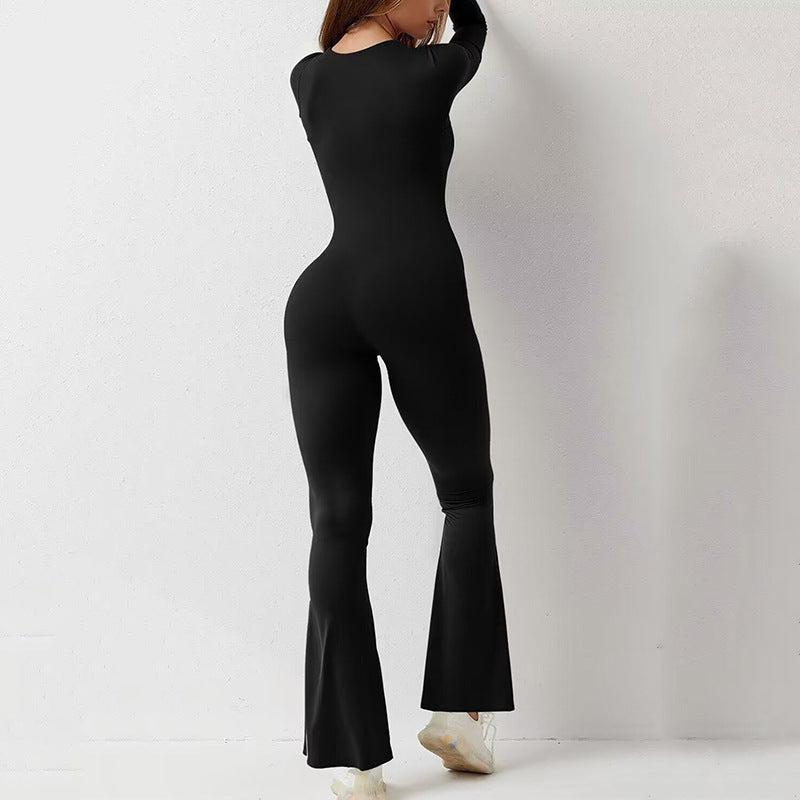 Women's Long Sleeve Waist-Cinching High-Elastic Square Neck Wide-Leg Jumpsuit
