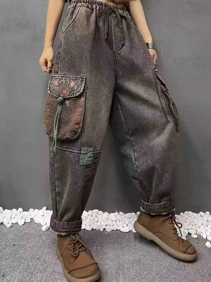 Vintage Ethnic Style Colorful Button Embroidered Denim Pants Women Loose Plus Size Floral Embroidery Nine-Point Harem Pants Spring