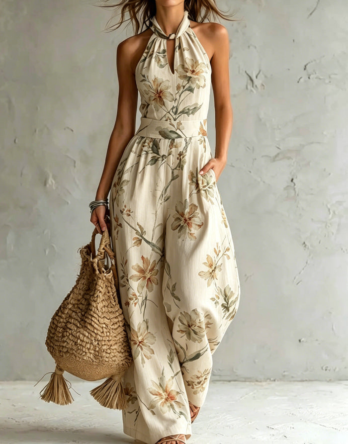 New halter backless jumpsuit, blue and white tie-dye wide-leg pants, summer beach women's wear eprolo