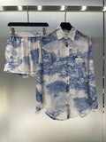 Ink painting, landscape painting, printing, lazy sun protection, high-end shirt+shorts, two piece set in blue
