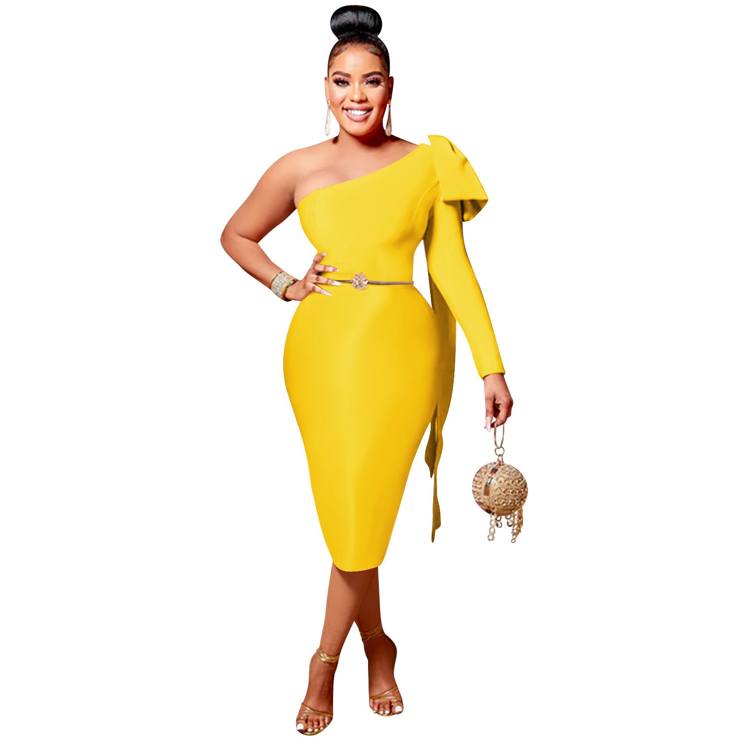 Chic Women's Single Long Sleeve Dress with Asymmetrical Neckline and Bow Ribbon Detail