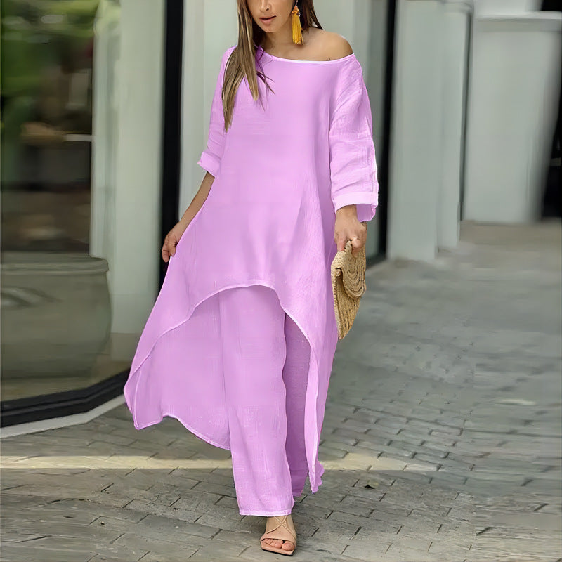 Cotton Linen Long Sleeve Irregular Hem Loose Fit Women's Two-Piece Set Top &amp; Wide-Leg Pants