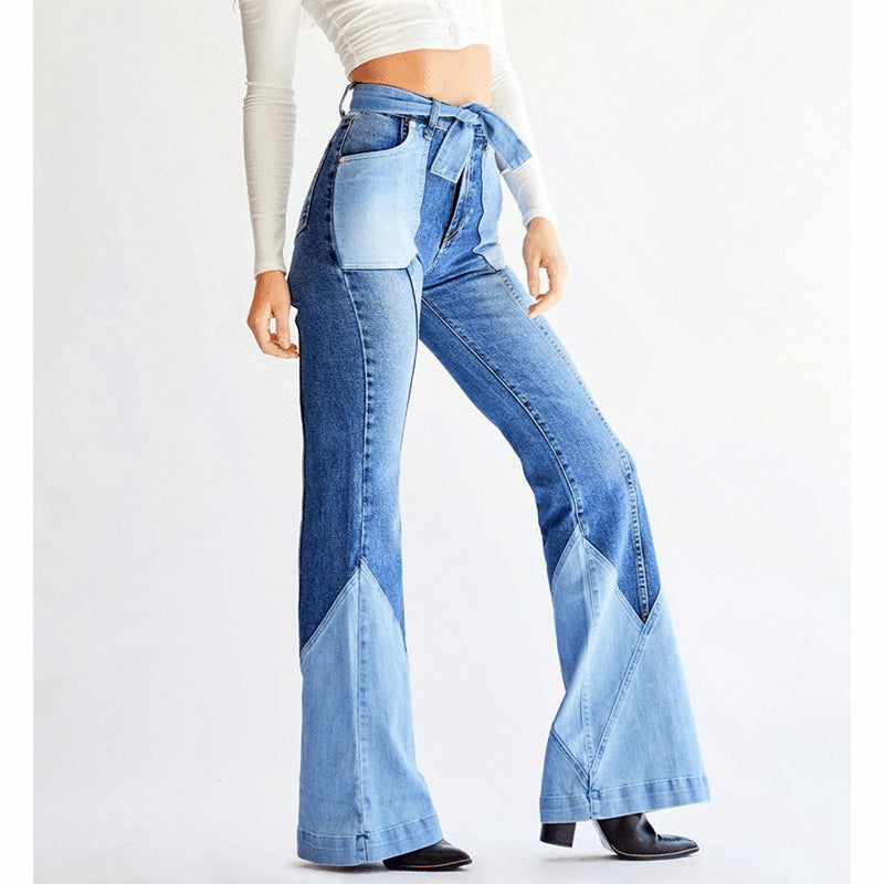 Retro high waisted two-color spliced waistband, high-quality European and American women's denim flared pants