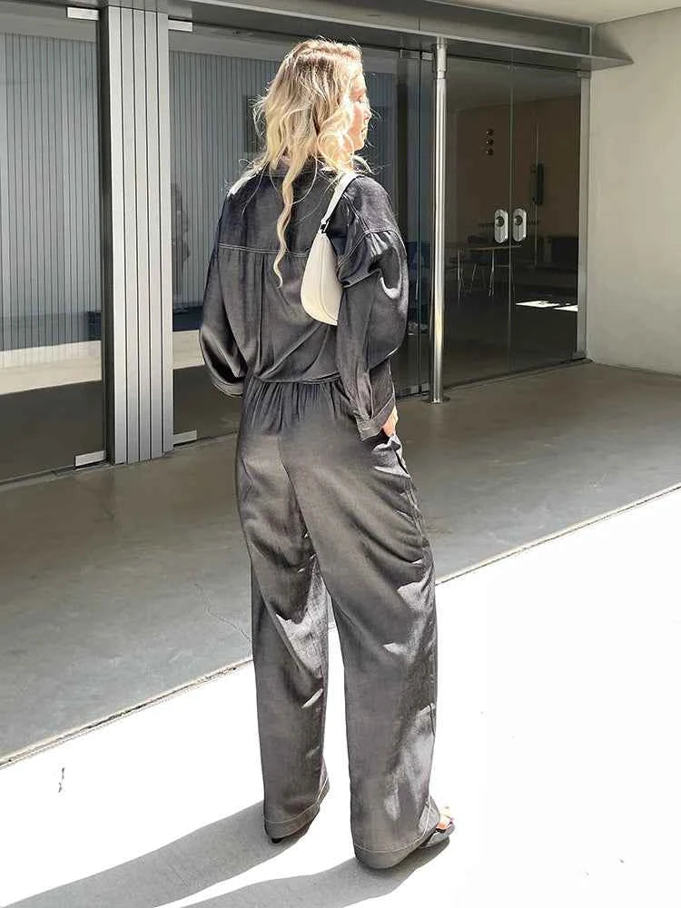 Chic Denim Two-Piece Pant Set – Long Sleeve Blouse & High-Waist Pants Outfit