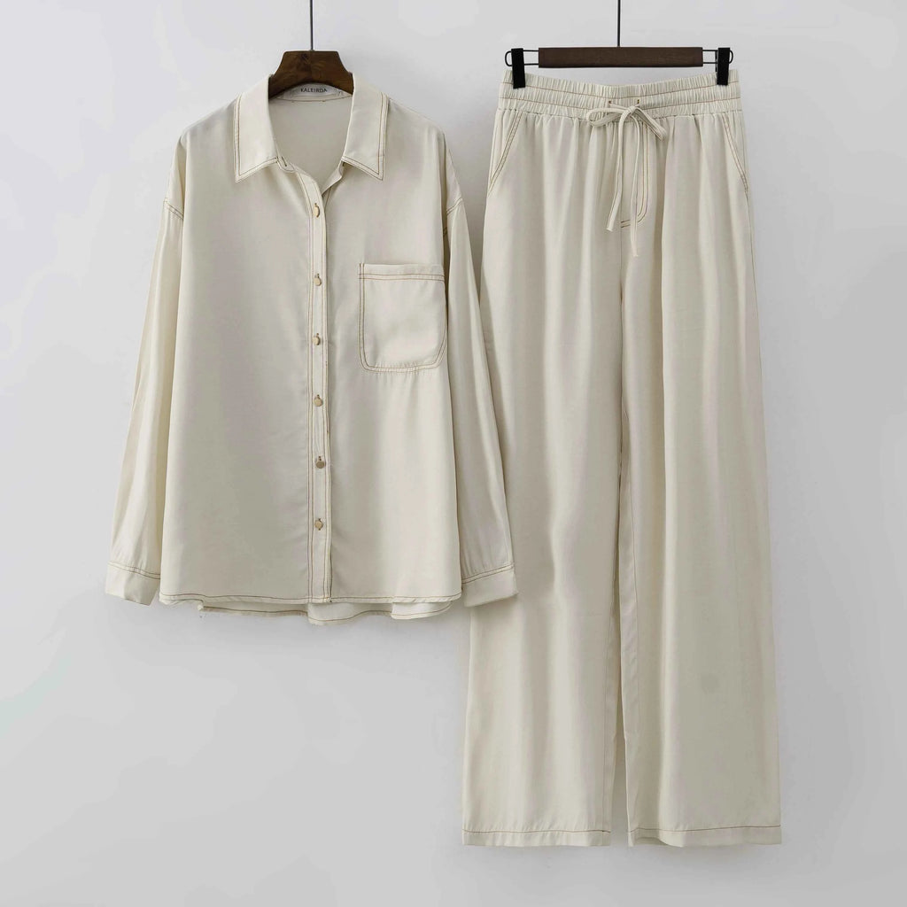 Chic Denim Two-Piece Pant Set – Long Sleeve Blouse & High-Waist Pants Outfit