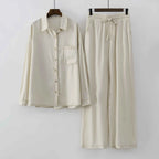 Chic Denim Two-Piece Pant Set – Long Sleeve Blouse & High-Waist Pants Outfit