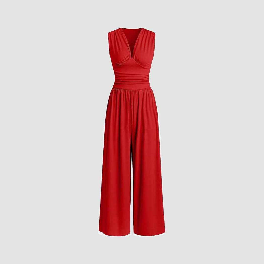 Solid color sleeveless knitted one-piece loose wide leg pants with short sleeves