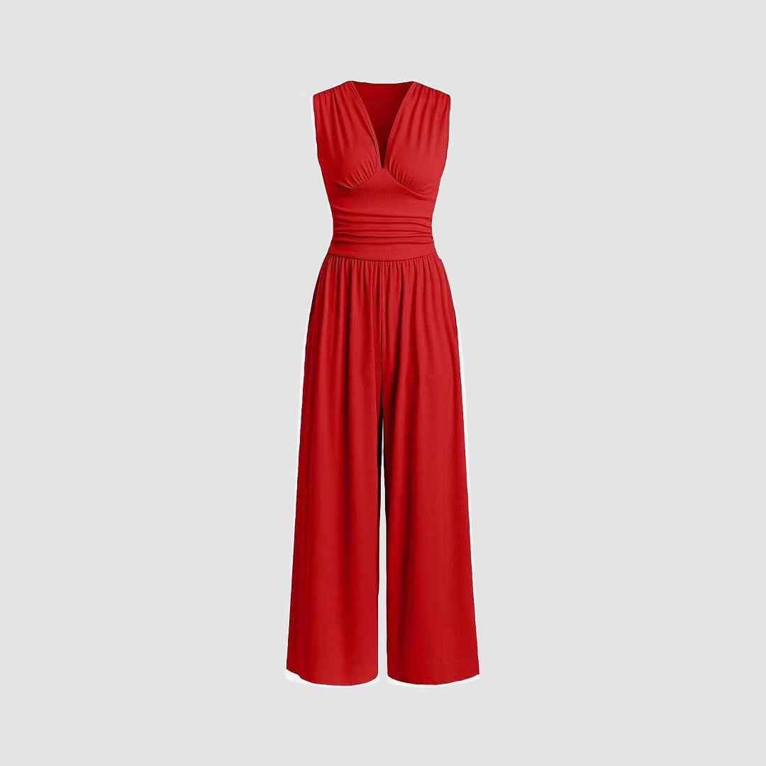 Solid color sleeveless knitted one-piece loose wide leg pants with short sleeves
