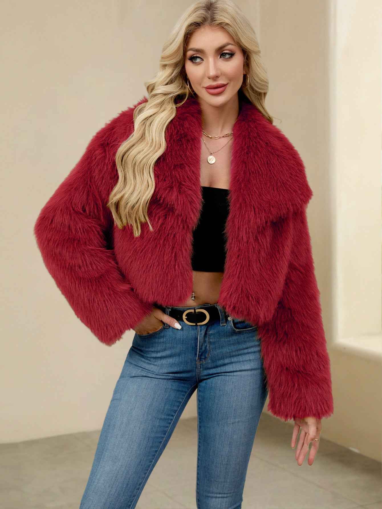 Faux Fur Flared Collar Women's Short Faux Fur Coat