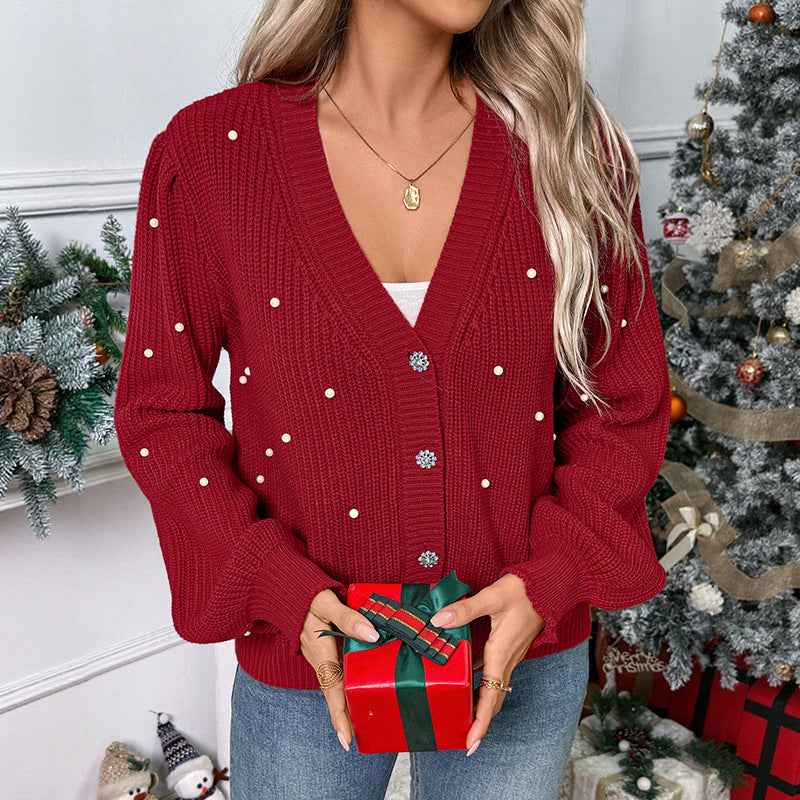 Knitted cardigan V-neck pearl decorated red Christmas sweater jacket for women