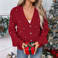 Knitted cardigan V-neck pearl decorated red Christmas sweater jacket for women