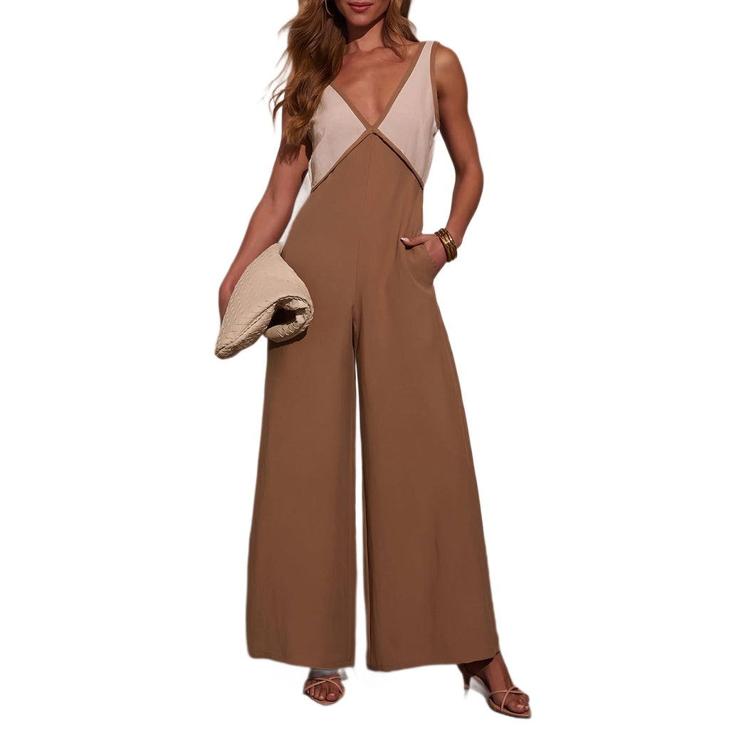 Summer New V-Neck Sleeveless Color-Blocked Wide-Leg Jumpsuit for Women, Fashionable and Elegant Jumpsuit