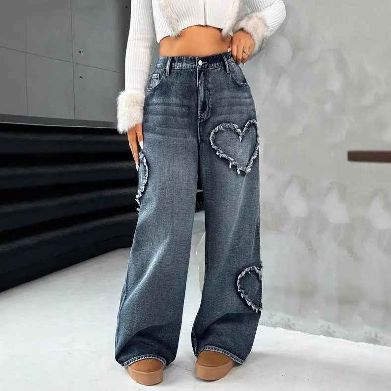 Style Street Retro Heart Frayed Patchwork Heavy Washed Denim Women's Loose Straight Leg Wide Leg Pants Ins