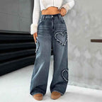 Style Street Retro Heart Frayed Patchwork Heavy Washed Denim Women's Loose Straight Leg Wide Leg Pants Ins