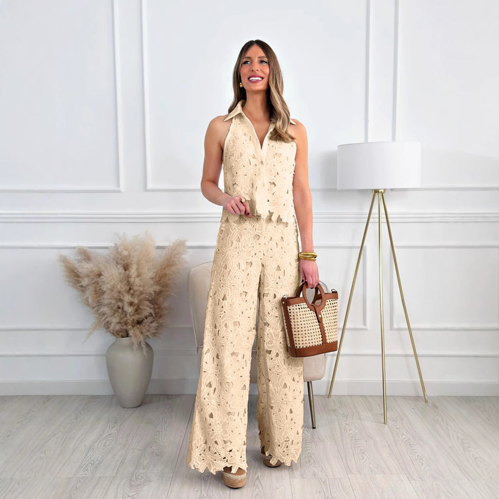 Summer Embroidered Hollow-out V-neck Top + Wide-leg Straight Long Pants Set