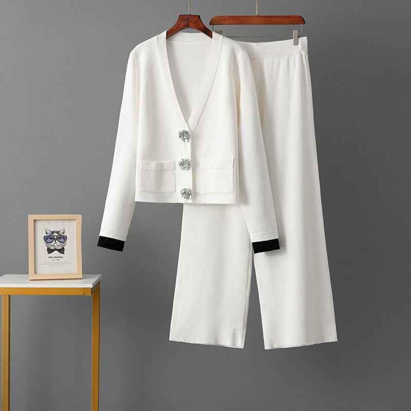 Cardigan suit sweater+slim straight leg pants two-piece set