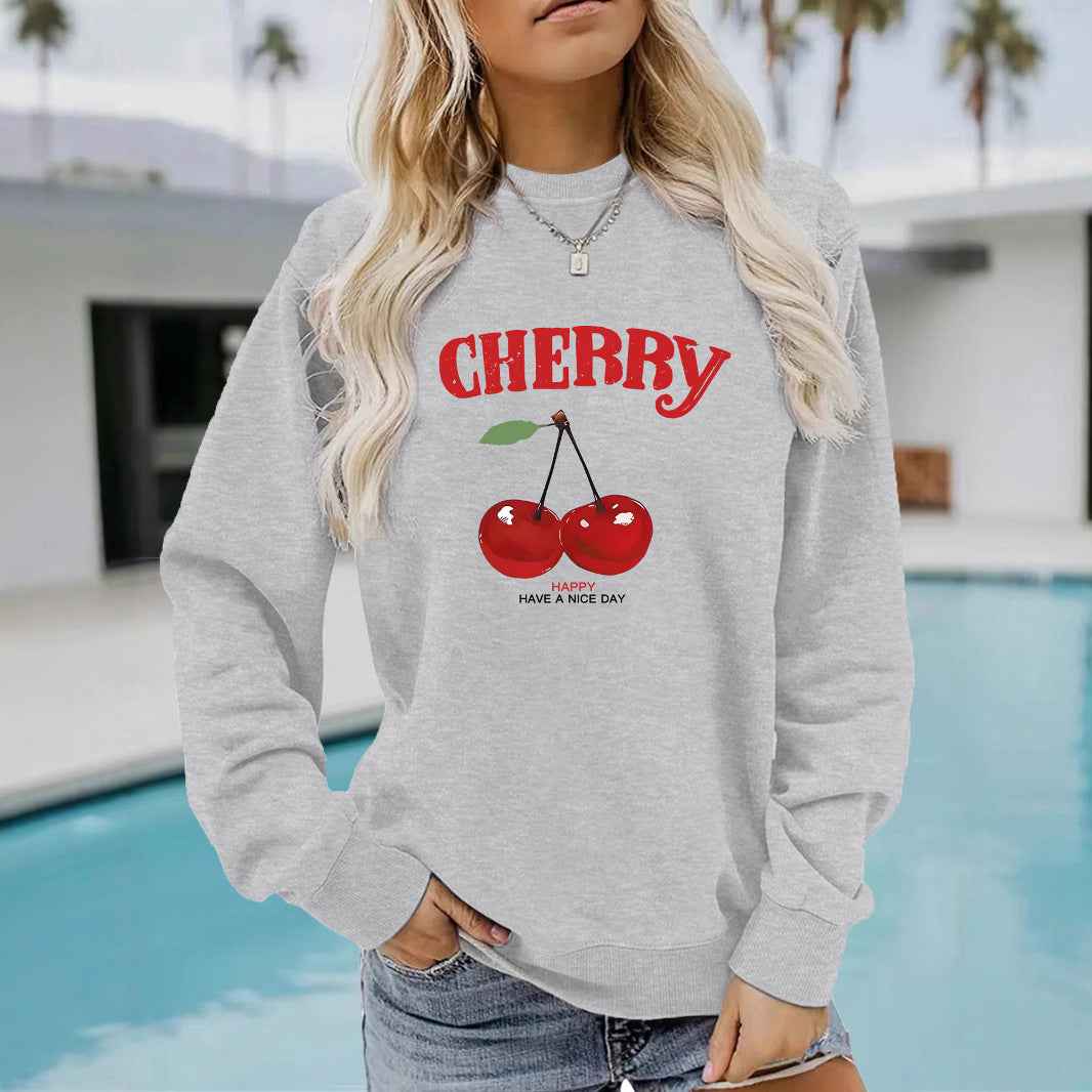 Round neck CHERRY cherry print pullover sweatshirt