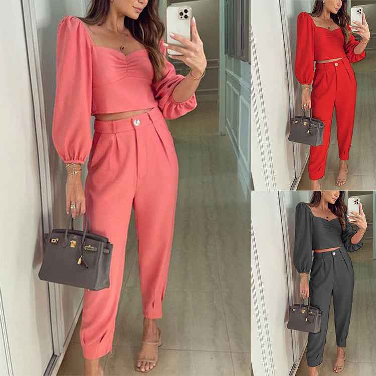 New Autumn And Winter Square Collar Slim Short Top Loose Solid Color Casual Trousers Two-Piece Set For Women