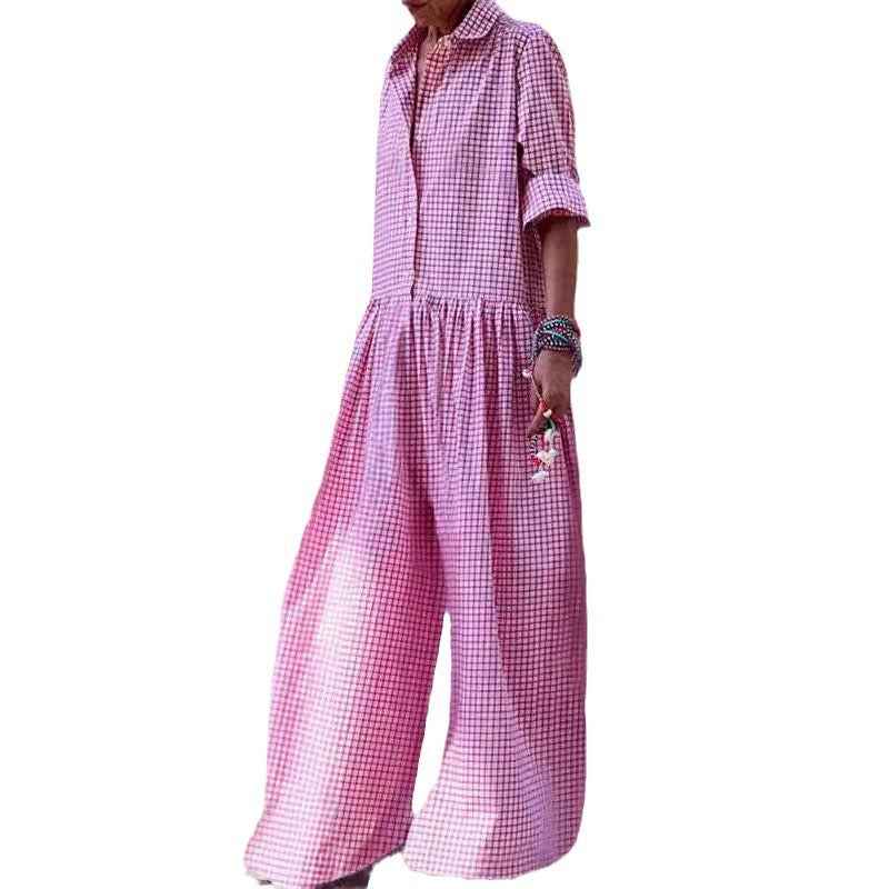 Plaid Collar Long Sleeve Jumpsuit