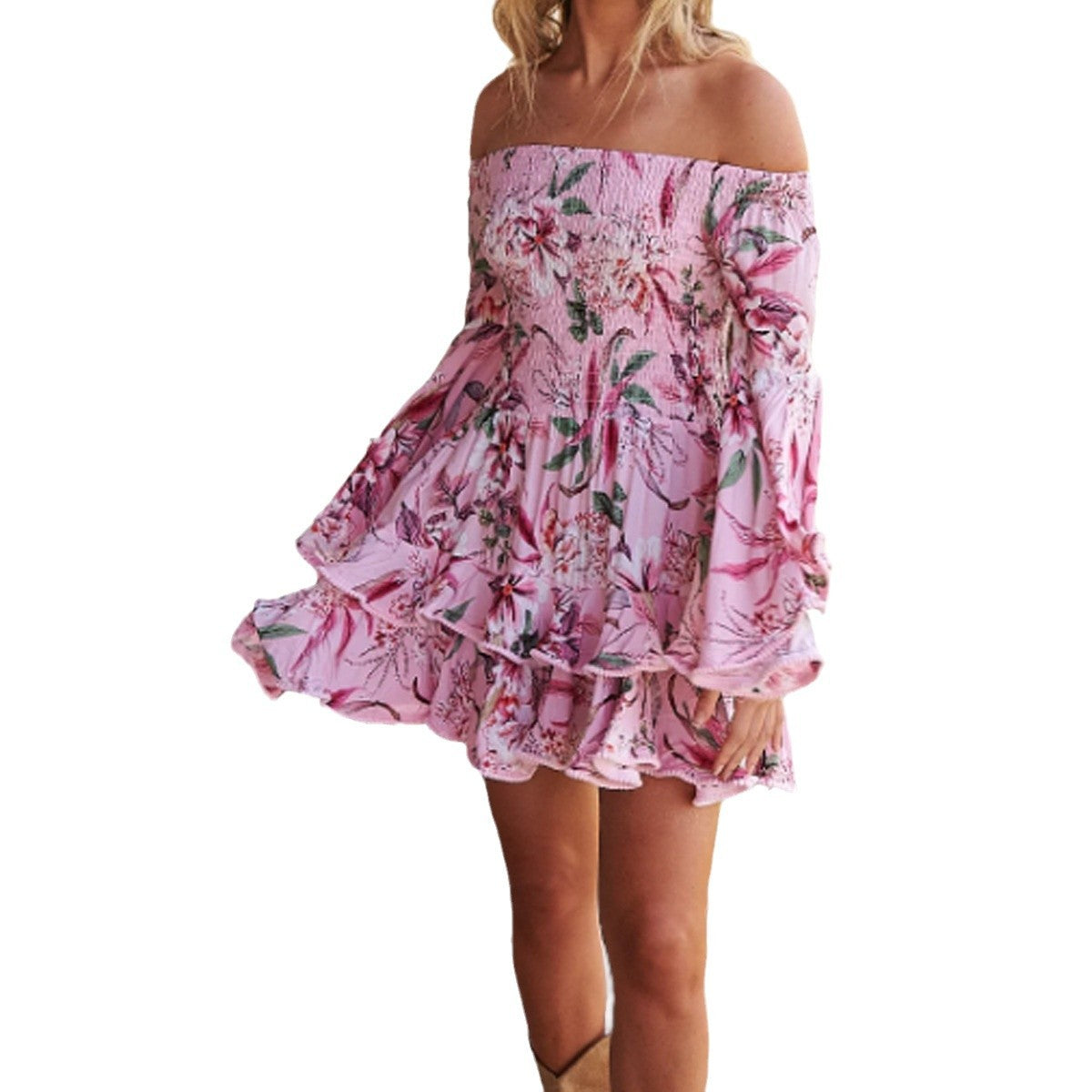One-Shoulder Floral Print Flared Sleeve Ruffle Short Dress Full-Print Long Sleeve Dress