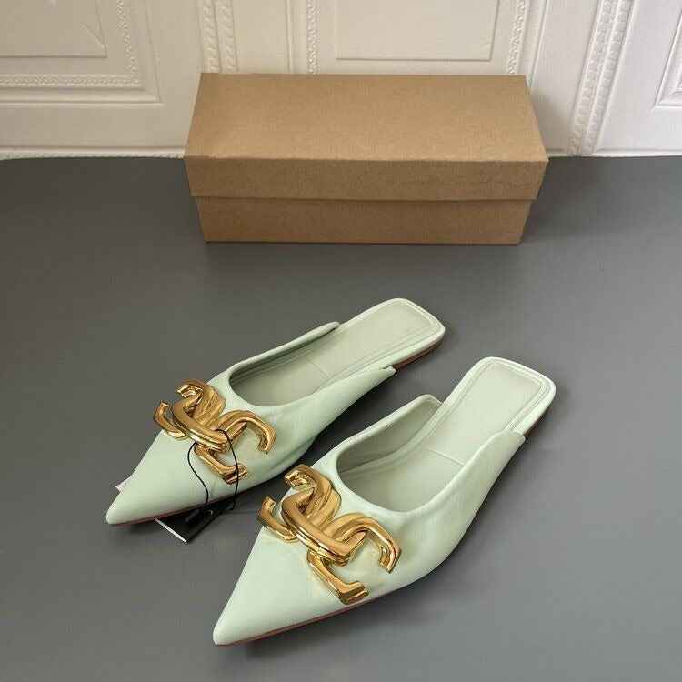 Button pointed flat bottomed wrapped half slippers and sandals for women