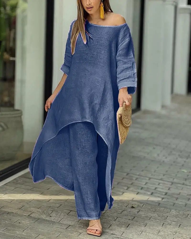Cotton Linen Long Sleeve Irregular Hem Loose Fit Women's Two-Piece Set Top &amp; Wide-Leg Pants