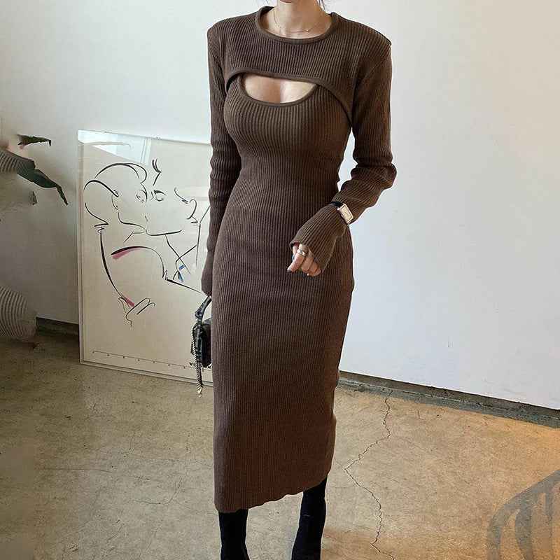 Hollow out shawl sweater slim fit slit suspender dress two-piece set for women