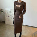 Hollow out shawl sweater slim fit slit suspender dress two-piece set for women
