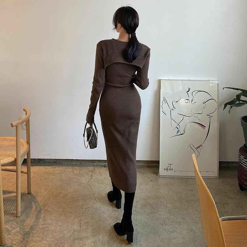Hollow out shawl sweater slim fit slit suspender dress two-piece set for women