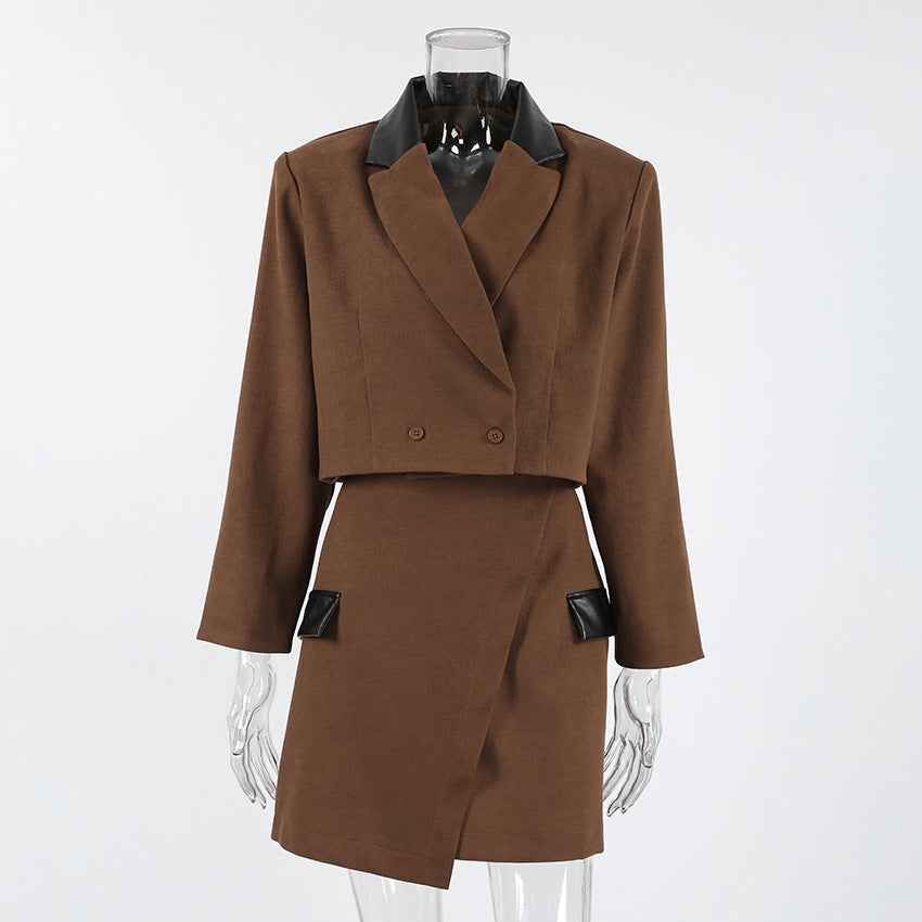 Vintage Brown Wool Suit Set for Women, Retro Blazer and Short Skirt Two-Piece Set, Elegant Style