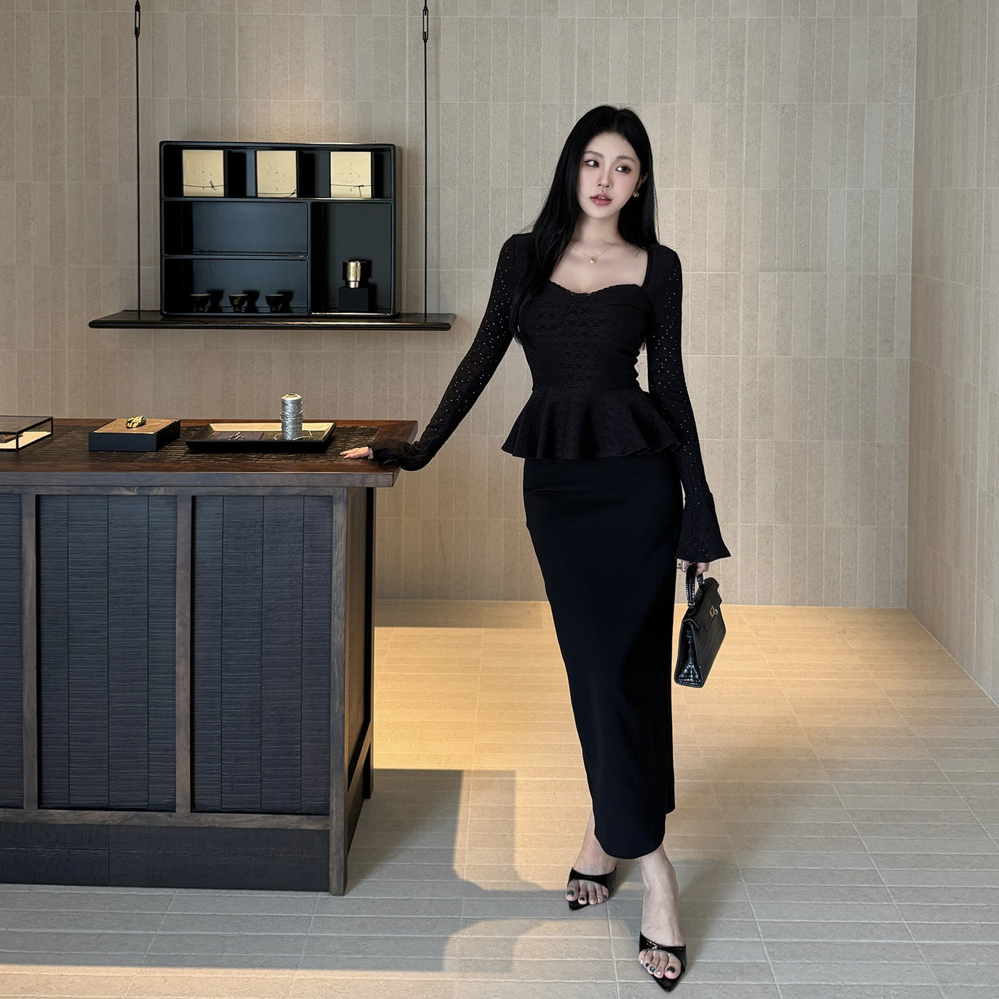 Lace peach collar top half skirt sexy long skirt set for women