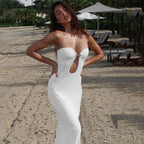 Solid color elegant strapless U-neck high waisted long dress