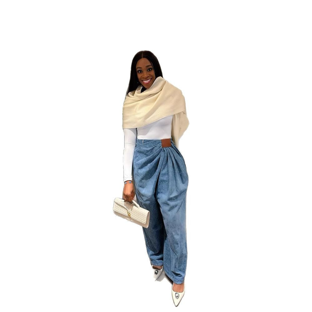 Street Style High-Waisted Wide-Leg Washed Denim Pants for Women eprolo