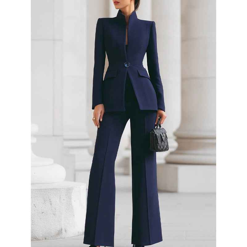 Solid color pocket one button small suit+long suit pants two-piece set
