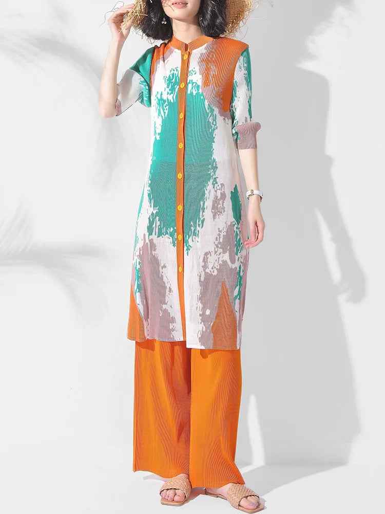 Folded print long jacket pants two-piece set stand collar button top wide leg pants two-piece set