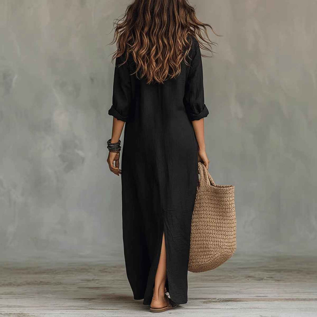 Summer Casual Solid Color Turn-Down Collar Front Slit Long Dress