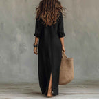 Summer Casual Solid Color Turn-Down Collar Front Slit Long Dress