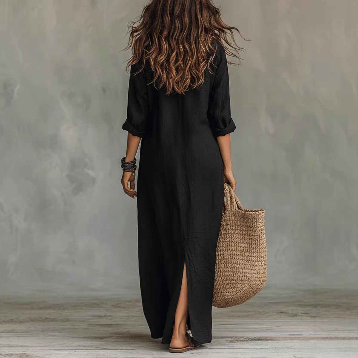 Summer Casual Solid Color Turn-Down Collar Front Slit Long Dress