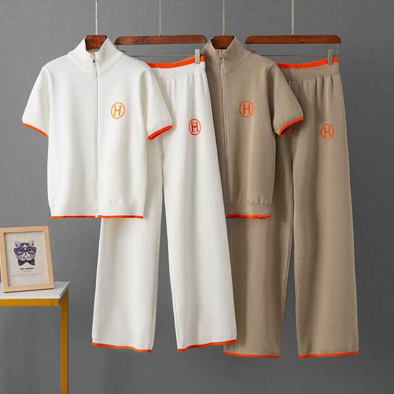 Zipper short sleeved top+sports wide leg pants two-piece set for women