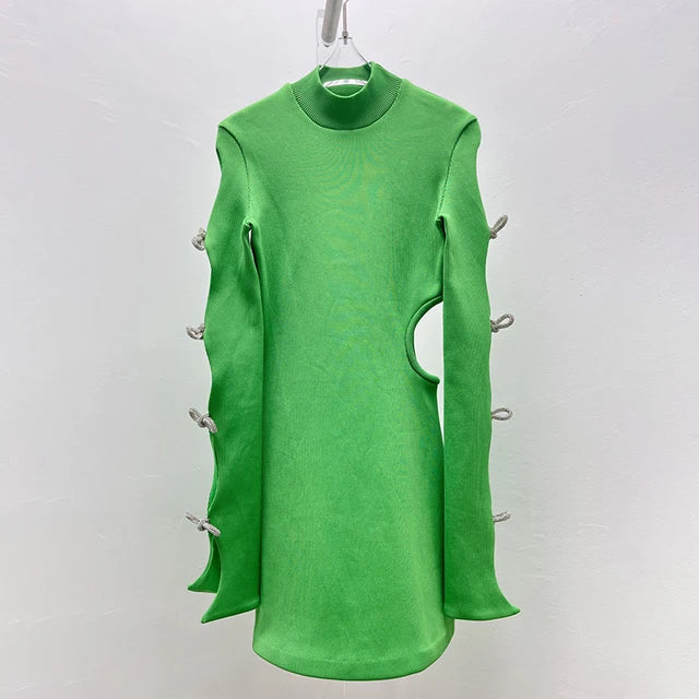 y2k summer rhinestone bow long-sleeved knit Women's dresses sexy hollow waistless package hipformal occasion dresses