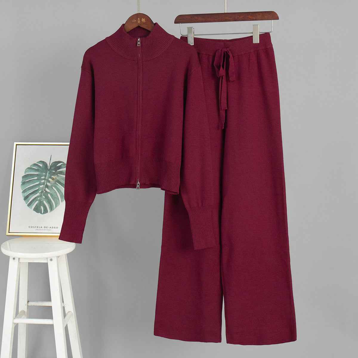 Double zipper knitted slim sweater set