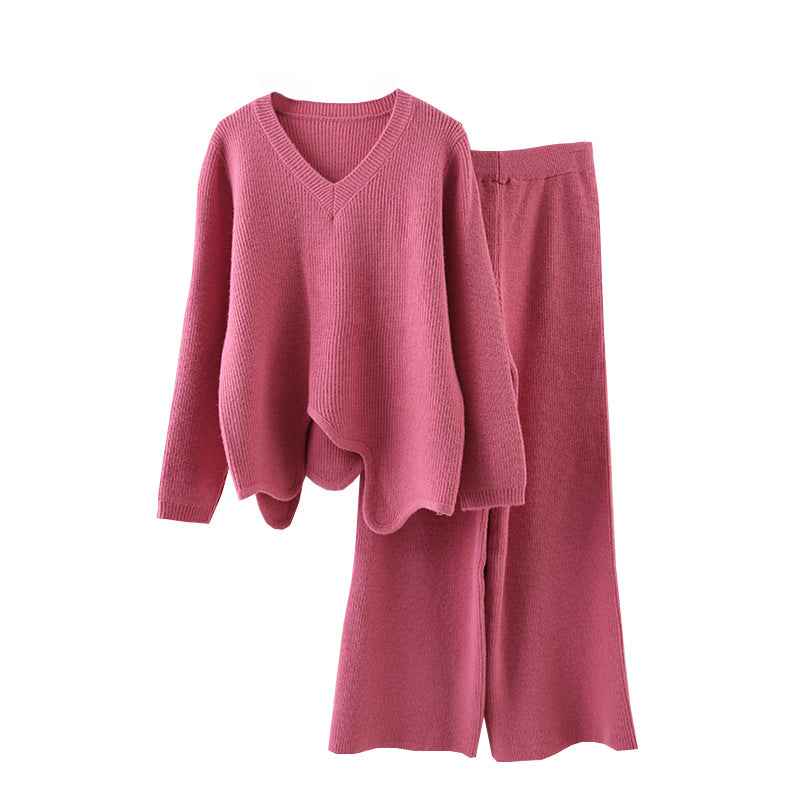 Solid Knitting Two Piece Set For Women Irregular Hem Pullover Sweater