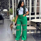 Women's Chain Print Straight-Leg Denim Pants — Streetwear Low-Rise Jeans